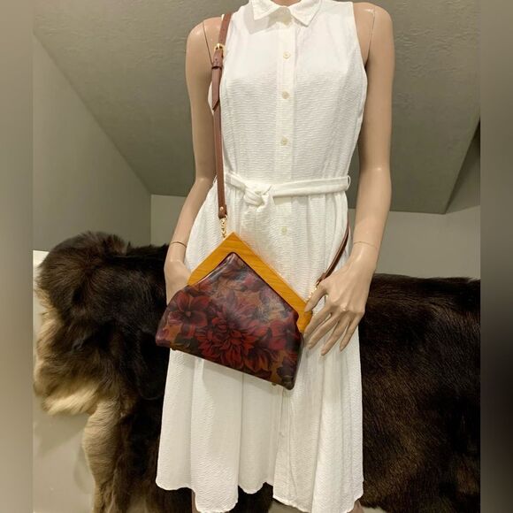 Handmade Genuine Premium Leather Floral Print Wooden Frame Bag with 2 Straps - Picture 9 of 16